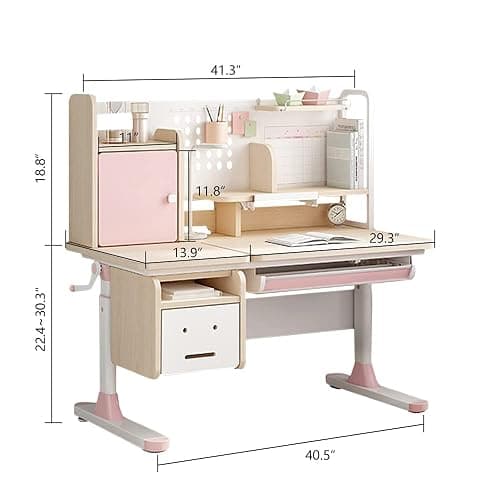 FCD Wood Adjustable Height Ergonomic Kids Study Desk Drafting Table Computer Station Built-in Bookshelf Hutch Multi Function Desktop 43.3" Width () thumbnail 3