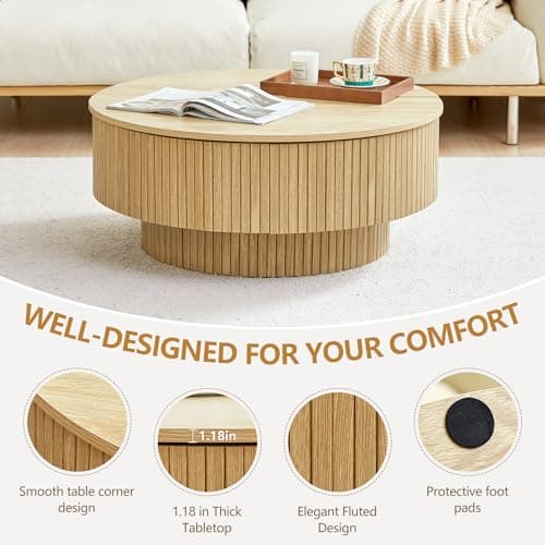 33" Round Coffee Table with Lift-Top & Flip-Top Storage, Modern Accent Fluted Coffee Tables with Metal Frame, Wooden Circle Center Table for Living Room Small Space Apartment Office (Natural) thumbnail 6