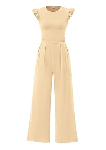 PRETTYGARDEN Summer Jumpsuits for Women Dressy 2025 Fashion Ruffle Cap Sleeve Romper Crew Neck Rib Knit One Piece Outfits - Apricot - Small