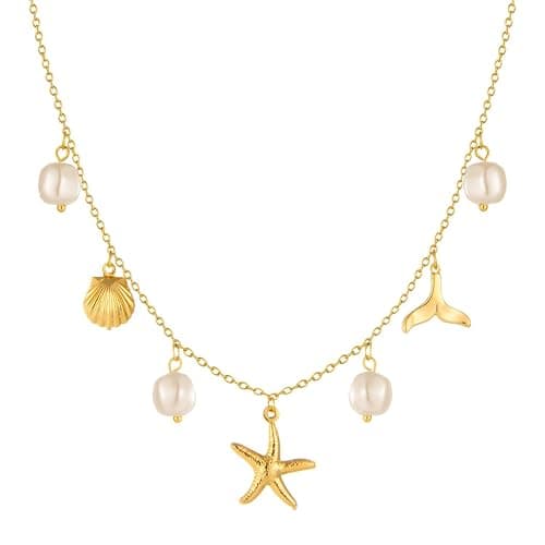 RIXERKOC Collier de Charme en Or pour Femme, Délicat Pendentif Etoile de Mer en Perle, collier joli coquillage en or 14k, collier ras de cou à breloques boho, bijoux d'été plage surfeur - Image 1