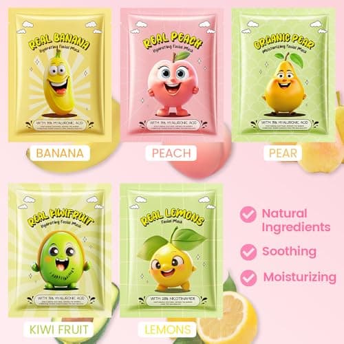 Kaely 10 Pack Fruit Face Masks for Kids, Kids Face Mask Spa Day Kit Supplies, Spa Party Favors for Teens Girls Women, Sheet Facial Mask Skincare Gifts Set, Moisturize Soothe for All Skin Types, 02 thumbnail 4