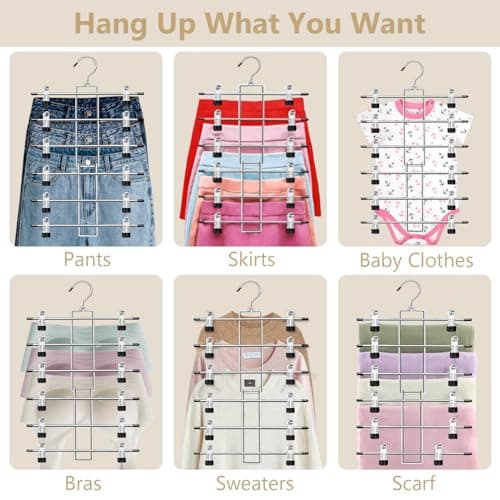 Pants Hangers with Clips,Space Saving Hanging Closet Organizer-6 Tiers Skirt Hangers with 360° Swivel Hook,Closet Organizer-Clothes Hangers- College Dorm Essentials Apartment Essentials-2 Pack thumbnail 4