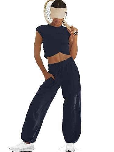 LAMISSCHE Womens Loungewear Set 2 Piece Outfits Sets Cropped Tops and Wide Leg Pants with Pockets Tracksuit - Image 1