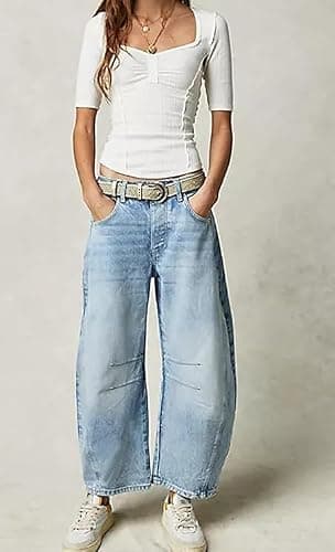 Mid Rise Barrel Jeans for Women Vintage Loose Wide Leg Cropped Denim Pants Y2k Baggy Boyfriend Jeans thumbnail 2