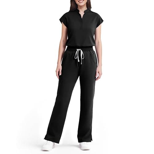 Dvoliaw Scrubs for Women Set, Sleeveless 9-Pocket Straight Leg Yoga Waist | Stand-up collar top, straight leg pants side slits. Soft stretch knit. Yoga waist. Wrinkle-free. For nurses/docs/vets. - Image 1