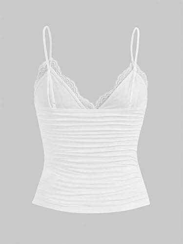 LOFAAC Women Sexy Y2K V Neck Lace Patchwork Cami Shirt Cute Slim Fit Sleeveless Spaghetti Strap Going Out Camisole Tank thumbnail 3