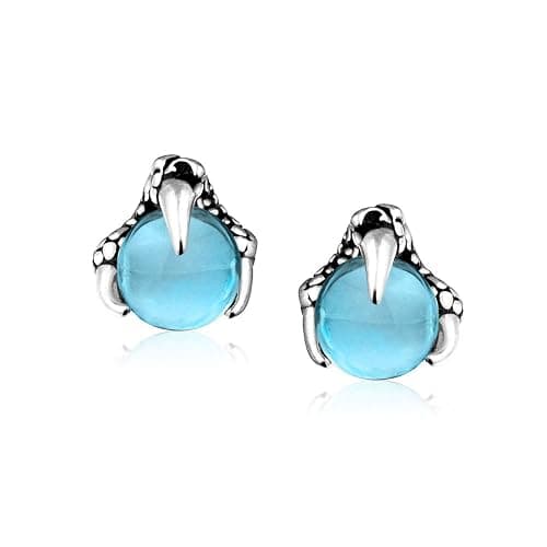 Gothic Punk Rocker Biker Jewelry Aqua Blue Translucent Ball Orb Dragon Claw Stud Earrings For Men For Women Silver Tone Black Oxidized Stainless Steel thumbnail 3