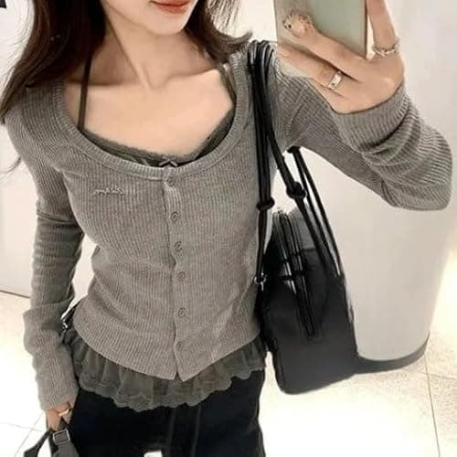 Fake 2 Piece Halter Lace Top Women Vintage Grunge 2000s Mcbling Tshirts 90s Long Sleeve Streetwear Y2k Shirts thumbnail 6