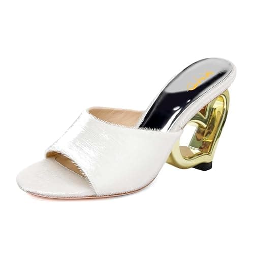 XYD Women Chic Heart Heel Mules Open Toe Slip On Cozy Plush Slides Sandals Evening Party Shoes - Image 1