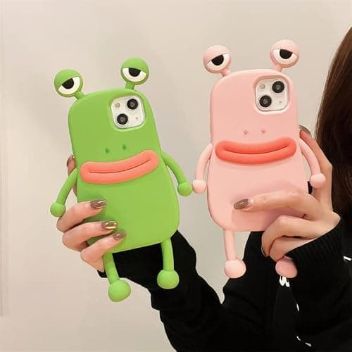 BONICI Men Women Super Funny Novelty Hotdog Sausage Mouth Big Eyes Green Frog Pink Frog Phone Case Soft TPU Silicone Rubber Phone Cover Compatible with iPhone 15, Full Body Protection -Pink thumbnail 3