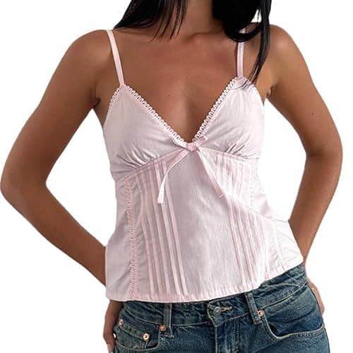 Women Y2k Babydoll Tank Tops Lace Trim V Neck Crop Cami Spaghetti Strap Peplum Top Summer Cute Aesthetic Flowy Shirts - Image 1