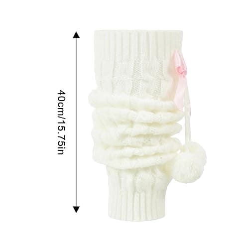 Kajoeiae White Leg Warmers with Bow and Fur Balls, Y2K Rib Knit Boot Socks, Harajuku Cutecore Leg Warmers for Women thumbnail 7