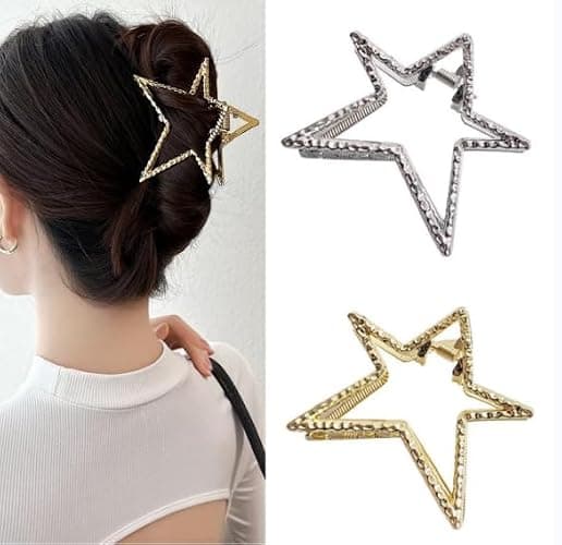 2 Pcs Hair Claw Clips Glod Silver Metal Medium Star Hair Clips for Thick or Thin Hair Strong Hold Y2k Claw Clips Elegant Design Non Slips Hair Jaw for Women Hair Accessories - Image 1