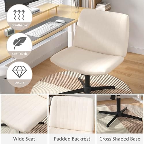 Criss Cross Chair, Cross Legged Office Chair Armless Vanity Chair with Back, Wide Desk Chair with No Wheels Swivel Height Adjustable, Fabric Comfy Computer Chair for Home Vanity Desk Office, Beige thumbnail 6