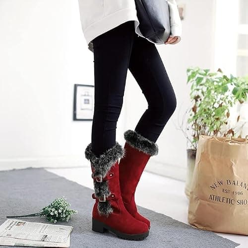 Women's Suede Mid-Calf Snow Boots Warm Womens Boots Fleece Furry Leather Non-slip Snow Fur Lined Insulated Boot thumbnail 2