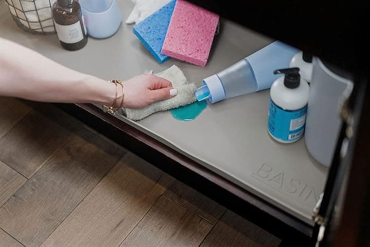 BASIN - Under Sink Mats for Kitchen Waterproof - The Original Silicone Under Sink Liner Drip Tray - Designed in USA - Sink Cabinet Protector for Water Drips, Leaks, Spills - 28"x22" Taupe thumbnail 5