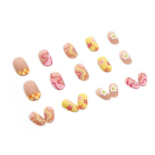 24 Pcs Flower Press on Nails Short, Almond French Tips Fake Nails Short Glue on Nails, Sun Flower False Nails with Glue Stickers, Cute Medium Length Acrylic Nail for Women thumbnail 2