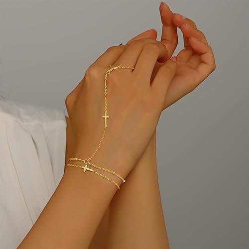 JUTOLOKA 18K Gold Plated Small Cross Bracelet for Women | Tiny Cute Cross Bracelets | Beaded Bracelet | Hip Hop Knot | Hand Chain Bracelets | Gold Jewelry Gifts for Women thumbnail 4