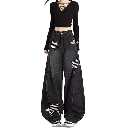 INFENU American Men's Women's Retro Star Patch Wide Leg Jeans, Personalized Design Loose Y2K Hip-hop Couple Casual Pants - Image 1