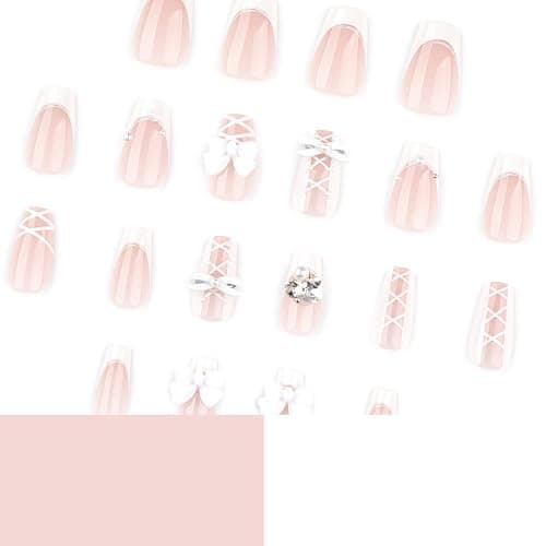 White Press on Nails Medium Coffin Fake Nails French Nails Press ons with Bow Tie Lace Design Full Cover Stick on Nails for Women Manicure,Reusable | Artificial | Nail Sticky Tabs | Easy Apply | 24Pcs thumbnail 4