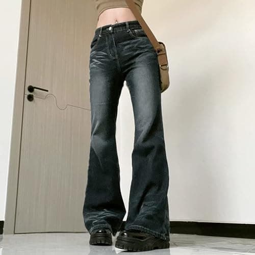 HOXIJIA Women Low Rised Wide Leg Denim Pants Y2k Solid Baggy Flared Hem Jeans Stretch Bell Bottom Trousers thumbnail 3