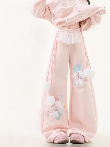 Women Y2k Kawaii 3D Plush Puppy Embroidery Sweatpants Harajuku Cutecore Lace Trim Bow Tie Baggy Casual Wide Leg Joggers thumbnail 2