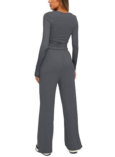 Darong Women's 2 Piece Outfits Lounge Sets 2026 Long Sleeve Tops Wide Leg Pants Casual Matching Set thumbnail 2