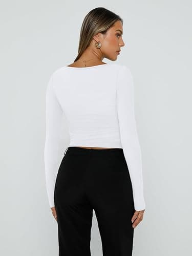 Trendy Queen Womens Long Sleeve Shirts Square Neck Going Out Crop Tops Fashion Y2k Workout Clothes Fall Outfits 2025 thumbnail 3