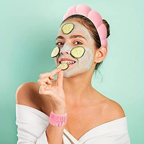 Luckybear Spa Headband for Washing Face, Velvet Makeup Headband, Bubble Skincare Head bands with Face Wash Wristbands Sponge Puff Head band for Women Skin Care - Green thumbnail 6