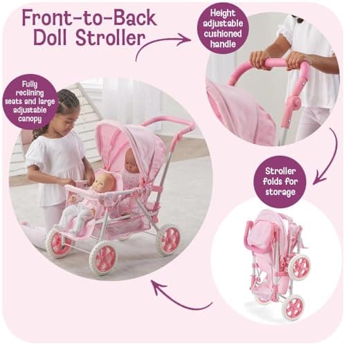 Badger Basket Double Front to Back Stroller for Dolls - Lightweight Foldable Toy Pram with Gingham Fabric Canopy and Storage Basket – Fun Pretend Play for Kids Ages 3 and Up - Pink thumbnail 2
