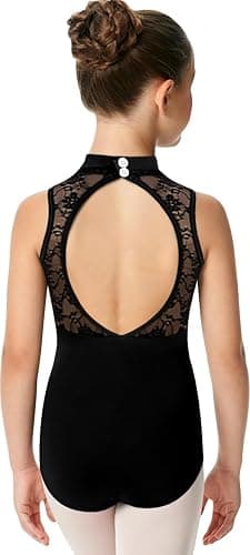 Tegmk Girls Turtleneck Dance Leotard for Ballet, Lace Neckline, Full Front Lining, Hollow Back - Image 1