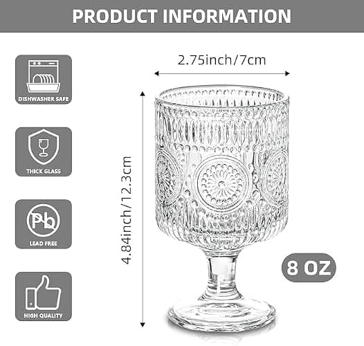 BGTTI 6 Packs Vintage Goblet Glasses Handcrafted Art Deco Crystal Goblets 8 oz Wine Glasses Drinking Goblets Bar Tumbler Glassware for Iced Tea, Wine, Beer, Juice, Cocktail, Whiskey thumbnail 3