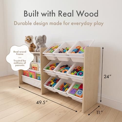 Humble Crew Toy Storage Organizer with Book Shelf and Top Shelf, 9 Removable Storage Bins for Kids Playroom, Toy Organization, Solid Wood, Natural/White thumbnail 2