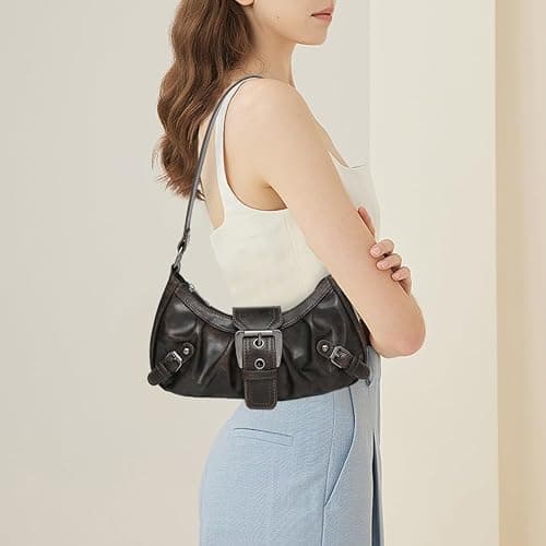 CRGANGZY Women Hobo Bag Y2K PU Leather Crescent Bag Pleated Underarm Purse Magnetic Closure Zipper Clutch Purse Travel Bag - Coffee thumbnail 9