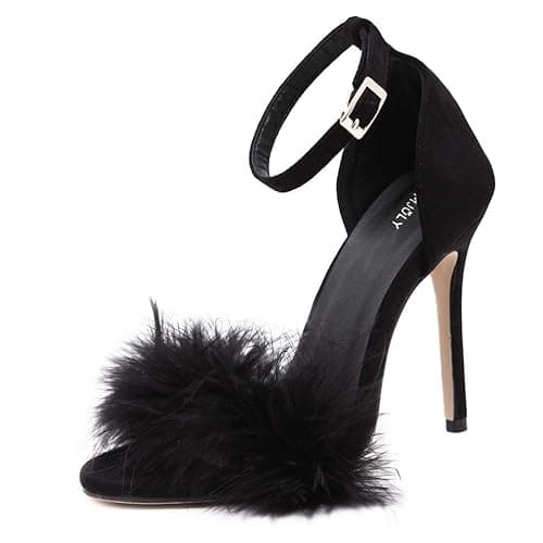 MMJULY Women's Open Toe Ankle Strap Fluffy Feather Stiletto High Heel Dress Sandal - 9 - Black
