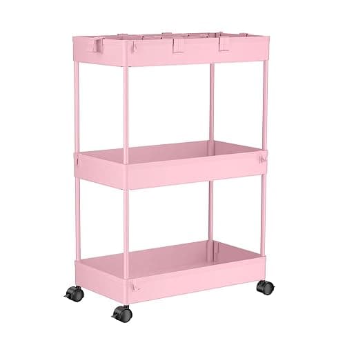 SPACELEAD 3 Tier Rolling Cart with Wheels, Storage Craft Art Trolley Organizer Serving, 3 Hanging Baskets Easy Assembly, for Office, Living Room, Kitchen, Pink thumbnail 7
