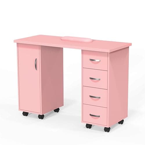 OmySalon Manicure Table Nail Desk with Cabinet, Drawers, Wheels & Wrist Rest, Spa Salon Beauty Home Wooden Technician Workstation for Nail Tech, Pink - Image 1