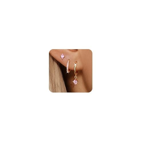 3 Pairs 925 Sterling Silver Colored CZ Hoop Earrings Set for Women | Hypoallergenic Comfort, Huggie, Dangle and Stud Styles for Multiple Piercings, Dainty Ear Stack, Gift for He - Image 1