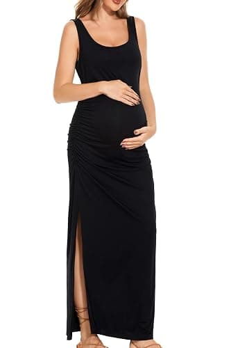 Smallshow Women's Split Long Maternity Dress | Sleeveless, Ruched, Pregnancy Clothes thumbnail 3