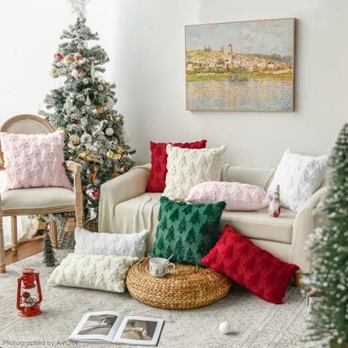 AVOIN colorlife Christmas Tree Beige Throw Pillow Covers Set of 2, 18 x 18 Inch Soft Plush Faux Fur Jacquard Festivals Winter Cushion Case Decoration for Sofa Couch thumbnail 6