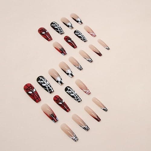 VEBONNY Long Ballet Nail Halloween SpiderMan Sweet Cool,Red and Black Cobwebs French Tips Press on Nail,Nude Pink Coffin Shaped Acrylic Stick on Fake Nails VEBONNY LT194 thumbnail 3
