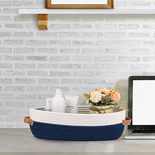 Oradrem Toilet Basket,Woven Storage Basket for Toilet Tank Top Farmhouse Home Decor Organizing Baskets 13"x5.9"x4" Navy Stitching White thumbnail 6