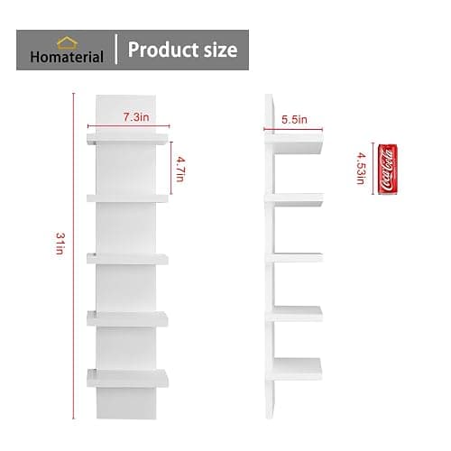 Homaterial 5 Tier Wall Shelf Unit, Small White Vertical Floating Shelf-Narrow Decorative Wall Mount Modern Wall Decor Shelves for Bedrooms, Living Rooms thumbnail 3