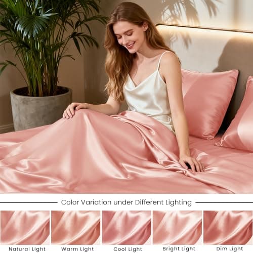 Love's cabin Satin Queen Sheets Set - 4 Piece Coral Silky Bed Sheets with Deep Pocket, Luxury Silk Feel Satin Queen Size Sheet Set (1 Flat Sheet,1 Fitted Sheet,2 Pillow Cases) thumbnail 7