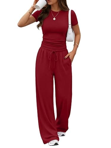 Trendy Queen Women's 2 Piece Matching Summer Lounge Set with Pockets | Vacation Airport Travel Outfits, Workout Gym Clothing Comfy Athleisure Clothes, Side-ruched Top, Drawstring Wide Leg Pants - Image 1