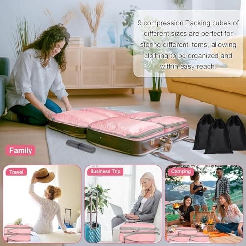 4pcs Packing Cubes, Compression Packing Cubes for Travel compression bags for Packing Organisers Expandable Storage Travel Accessories Luggage-Pink thumbnail 7