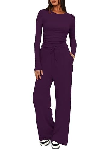 Darong Women's 2 Piece Lounge Sets 2025 Fall Travel Outfits Long Sleeve Wide Leg Pants Casual Matching Sets - Image 1