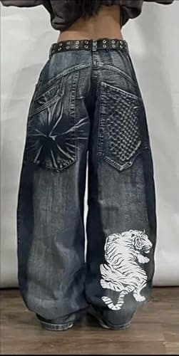 Unisex Y2K Hip Hop Street Jeans with Skeleton Print, Gothic Baggy Jeans, Vintage High Waist Denim, Wide Leg Pants thumbnail 3