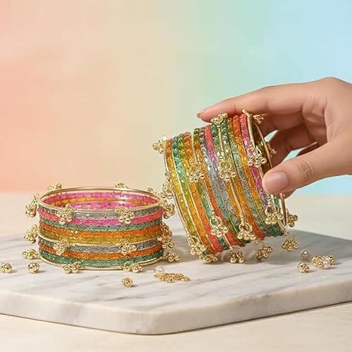 JD'Z COLLECTION Indian Bangles for women | Kashmiri Ghungroo Glass Bangle Set for Women | Raindrop Bangles Set | Trendy Ethnic Chudi Set For Party Wedding Festival | Set Of 16 Bangles | Multicolor Combo Set thumbnail 3