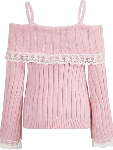 Women Off Shoulder Sweater Top Y2K Aesthetic Long Sleeve Lace Trim Knit Pullover Sweater Cutecore Kawaii Clothes thumbnail 3